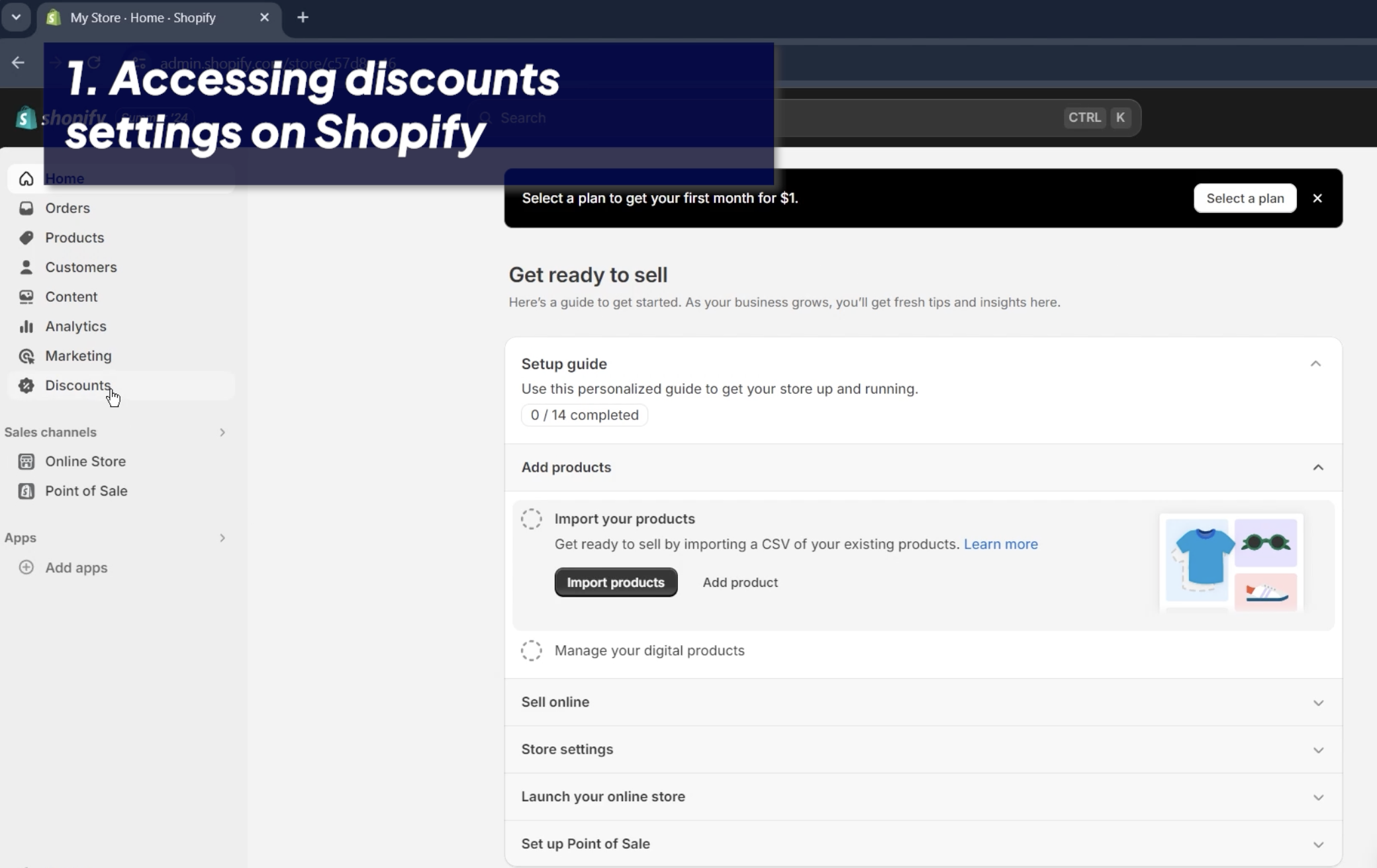 Step-by-step instructions on how to access discount settings in your Shopify admin panel. Navigate to the ‘Discounts’ section to start creating and managing your store’s discount codes.